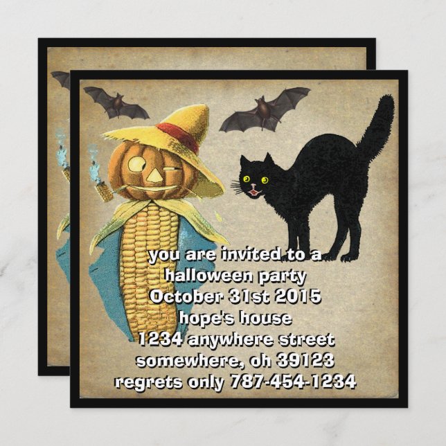 Convite Pumpkin Head Black Cat Bats Festa de Halloween Con (Frente/Verso)