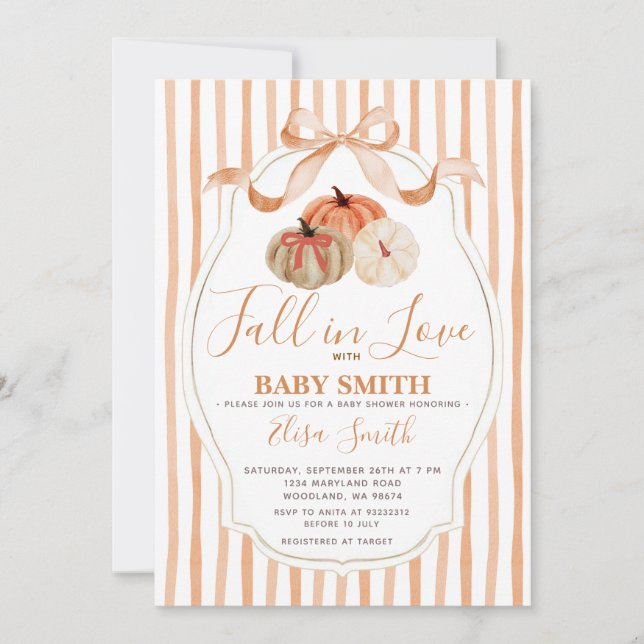 Convite Pumpkin Laranja e Branco Cai no Chá de fraldas de  (Frente)