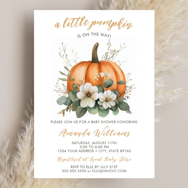 Convite Pumpkin no caminho do Chá de fraldas (A baby shower invitation featuring an orange pumpkin and florals.)