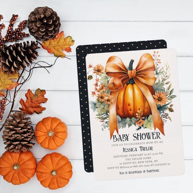 Convite Pumpkin Orange Ribbon Unisex Fall Chá de fraldas (Criador carregado)