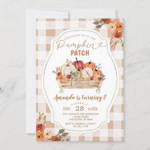Convite Pumpkin Patch Autumn Gingham Floral Primeiro Anive