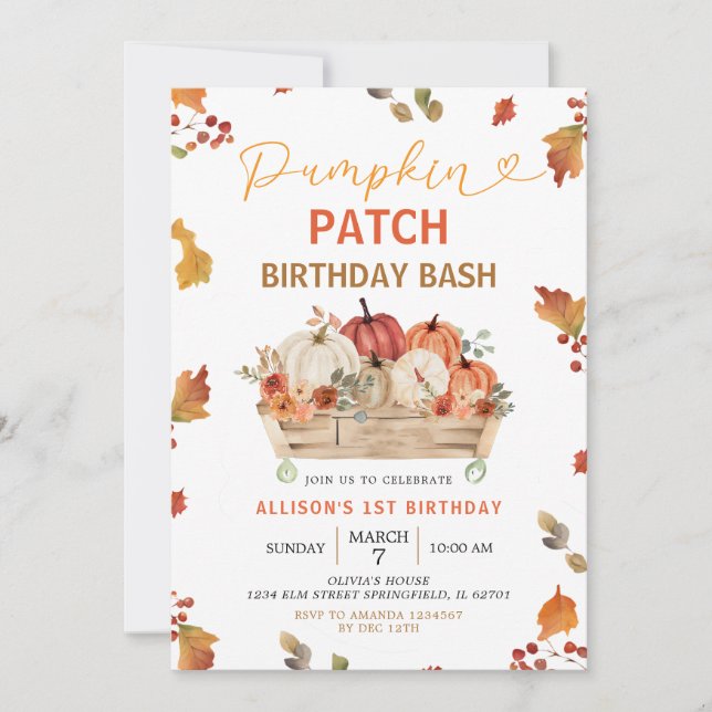 Convite Pumpkin Patch Autumn Rustic Sai Primeiro Aniversár (Frente)