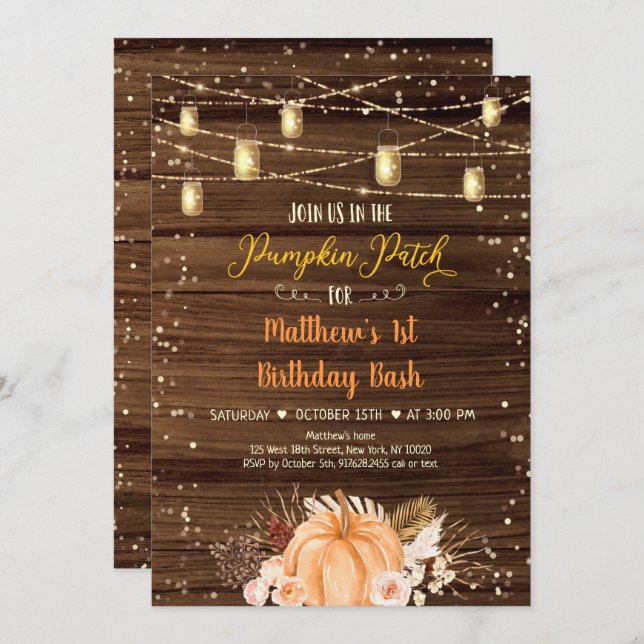 Convite Pumpkin Patch Rustic String Luz Aniversário (Frente/Verso)