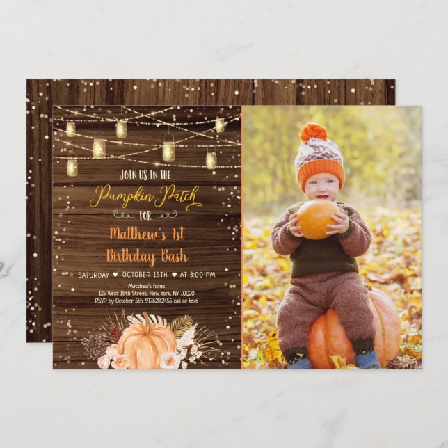 Convite Pumpkin Patch Rustic String Luz Aniversário (Frente/Verso)