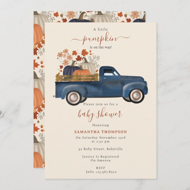 Convite Pumpkin Pickup Truck Fall Autumn Chá de fraldas Bo (Frente/Verso)