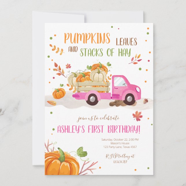 Convite Pumpkin Pink Truck Orange Green Girl Aniversário (Frente)