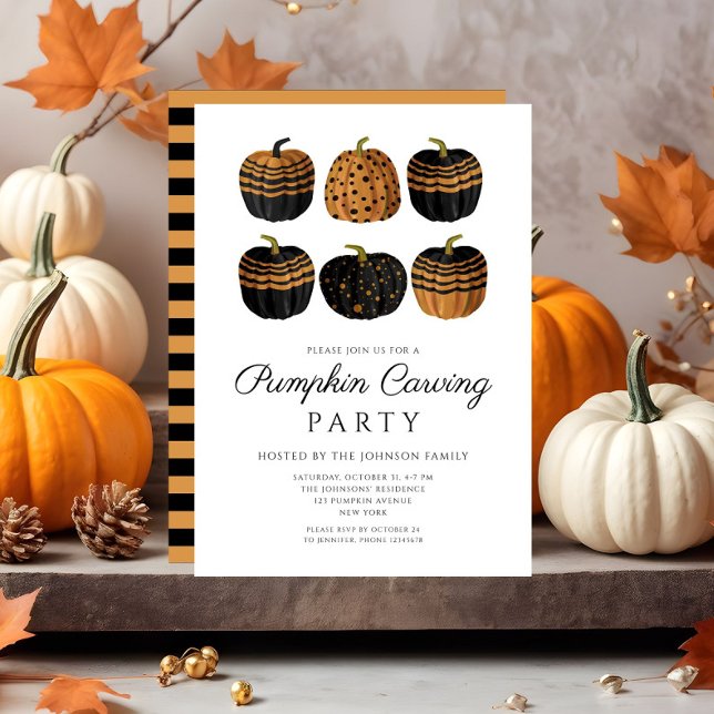 Convite Pumpkin preto-de-cor-de-laranja-acastanhada (Cute Orange Black Pumpkin Carving Halloween Invitation)