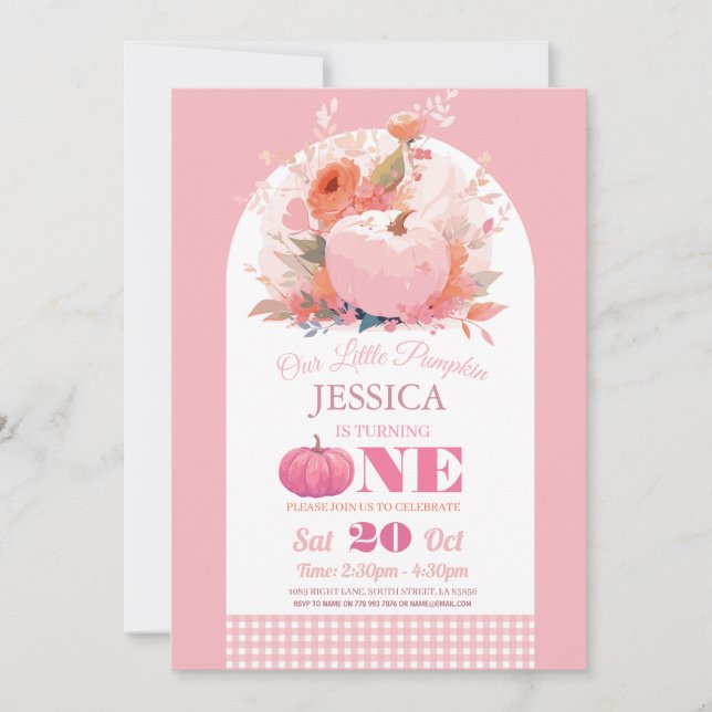 Convite Pumpkin Rosa 1rua Uma Meninas de Aniversário outon (Frente)