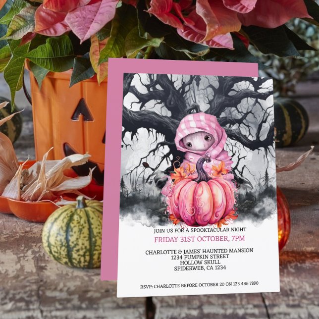 Convite Pumpkin Rosa Assustado Do Halloween E Figura Assom (Halloween Scary Pink Pumpkin And Haunted Figure Invitation from Ricaso. A cute but hunting figure)