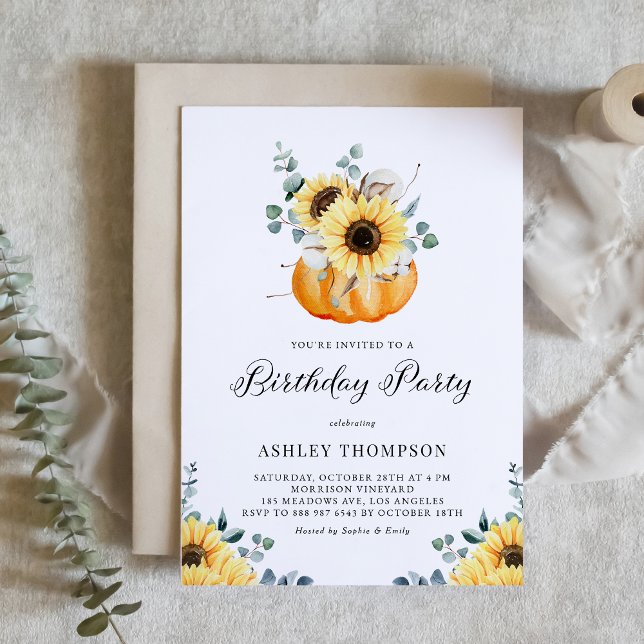 Convite Pumpkin Russo com Girassóis Queda Festa de anivers (Customizable fall birthday party invitation featuring watercolor pumpkin, sunflowers and greenery.)