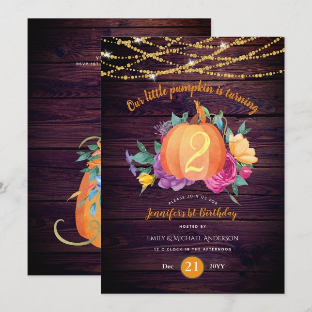 Convite Pumpkin Russo QUALQUER Aniversário Aquarela Cai Mo (Frente/Verso)