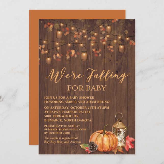 Convite Pumpkin Rustic Deixa Chá de fraldas De Madeira Con (Frente/Verso)