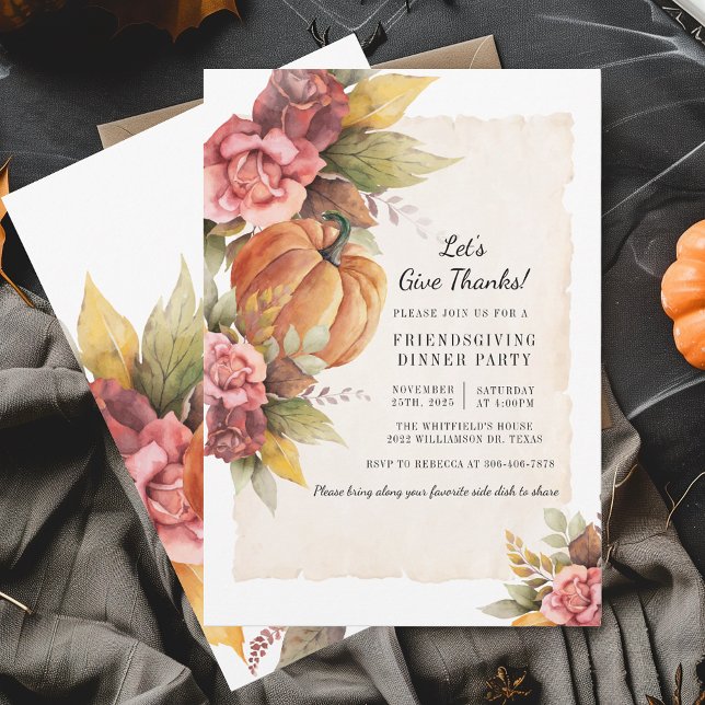 Convite Pumpkin Rustic Fall Deixa Os Obrigados Darem Atenç (Fall Pumpkin Thanksgiving Floral Friendsgiving Dinner Party Invitation)