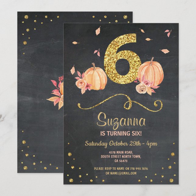 Convite Pumpkin SEX Birthday 6 Fall Chalk Dourado Invite (Frente/Verso)
