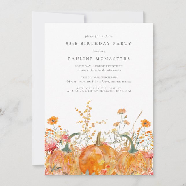 Convite Pumpkin Wildflower Fall Watercolor 55th Birthday  (Frente)