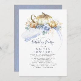 Convite Pumpkins Dourado Dusty Blue Floral Fall Aniversári
