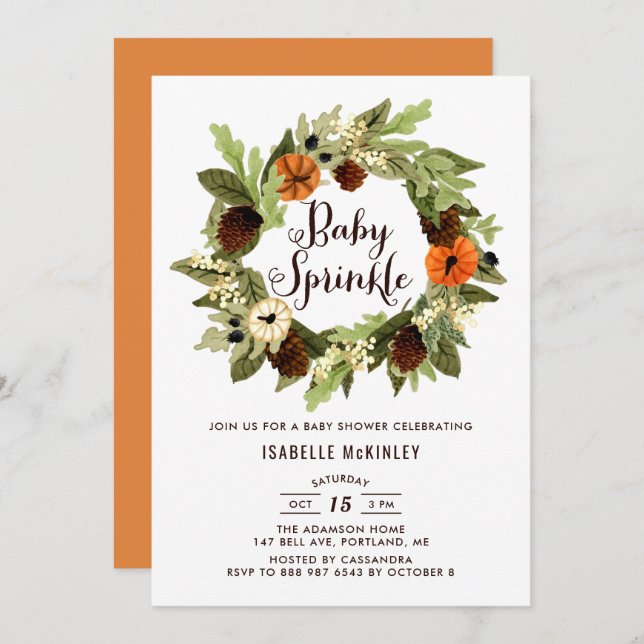 Convite Pumpkins e Pinecones Wreath Fall Baby Sprinkle (Frente/Verso)