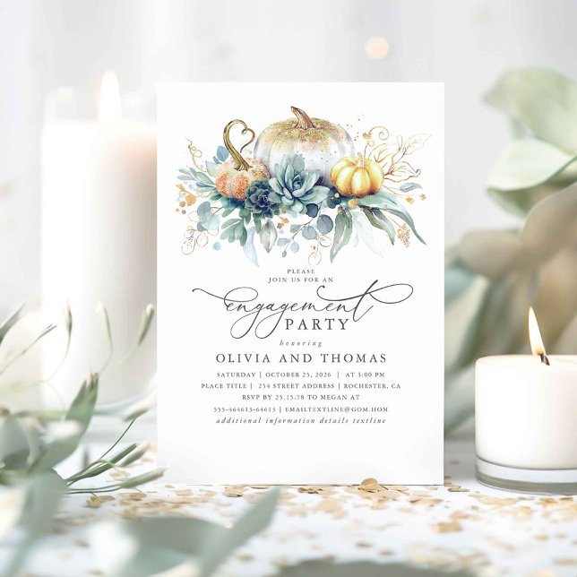 Convite Pumpkins Suculenta Festa de noivado verde (Greenery and Pumpkins Fall Engagement Party Invitations)