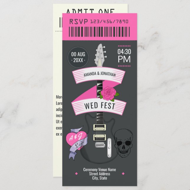 Convite Punk Romance Rock ’n’ Roll Wedding Ticket (Frente/Verso)