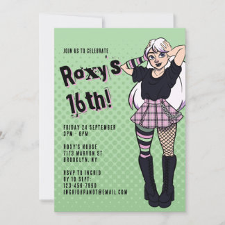 Convite Punk Teen Girl Green Cartoon 16º Aniversário