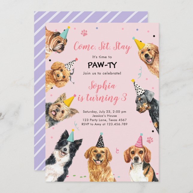 Convite Puppy Birthday Convide Cachorro Festa Pawty Girl (Frente/Verso)