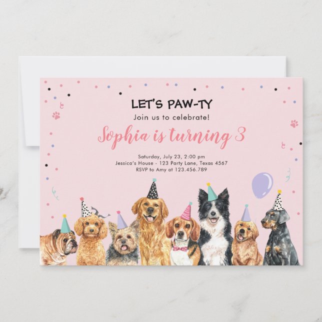Convite Puppy Birthday Convide Cachorro Festa Pawty Girl (Frente)