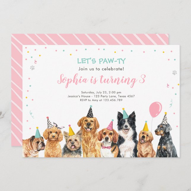Convite Puppy Birthday Convide Cachorro Festa Pawty Girl (Frente/Verso)