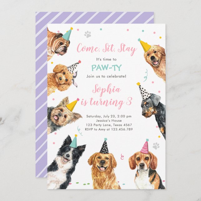 Convite Puppy Birthday Convide Cachorro Festa Pawty Girl (Frente/Verso)