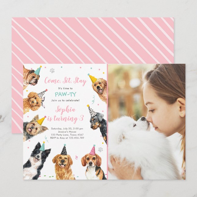 Convite Puppy Birthday Convide Cachorro Festa Pawty Girl (Frente/Verso)