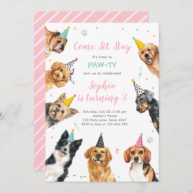 Convite Puppy Birthday Convide Cachorro Festa Pawty Girl (Frente/Verso)