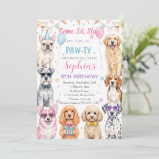 Convite Puppy Birthday Invitation Dog Party Pawty Girl