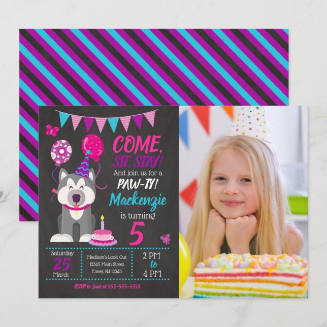 Convite Puppy Birthday Invitation Girl Paw-ty Husky (Frente/Verso)