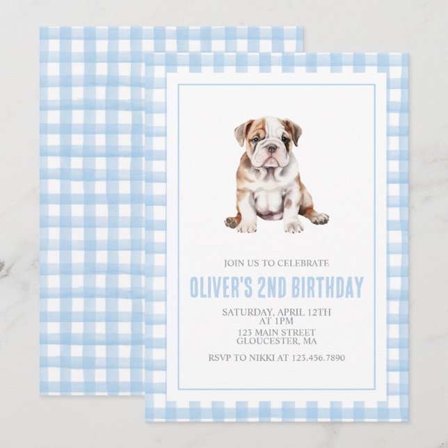 Convite Puppy bulldog preppy plaid birthday (Frente/Verso)