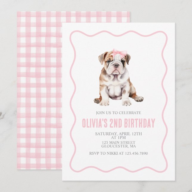 Convite Puppy bulldog preppy plaid birthday invitation (Frente/Verso)
