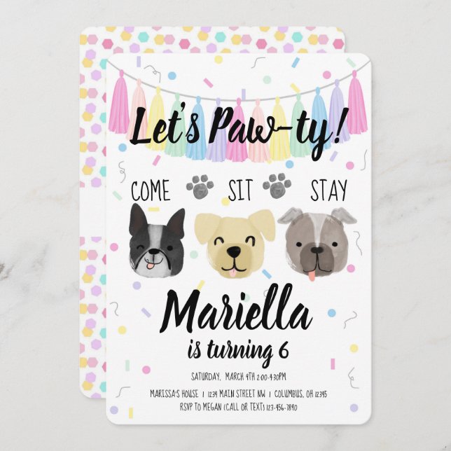 Convite Puppy Dog Girl Birthday Pawty (Frente/Verso)