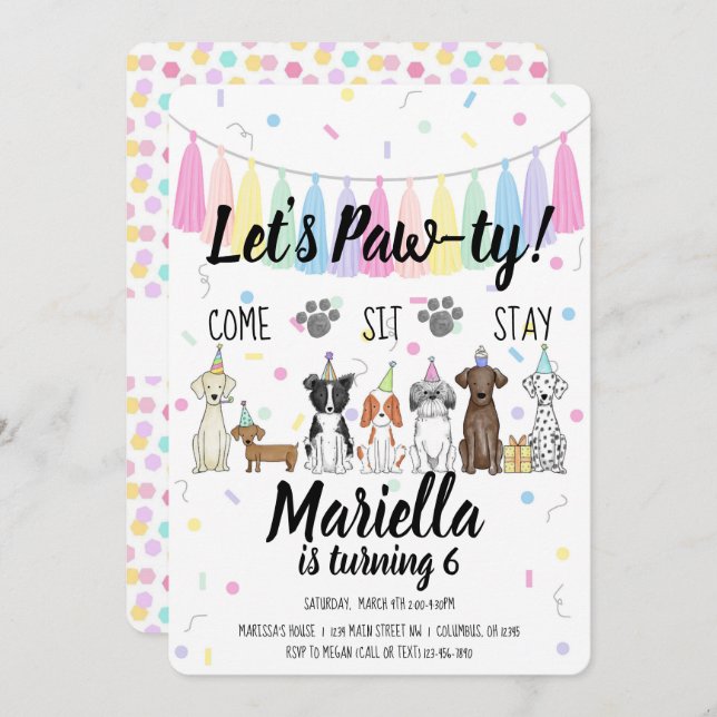 Convite Puppy Dog Girl Birthday Pawty (Frente/Verso)