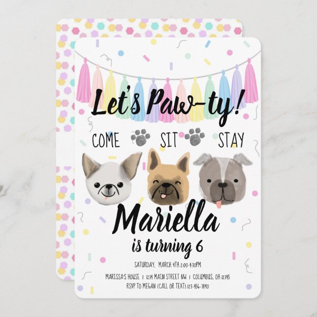 Convite Puppy Dog Girl Birthday Pawty (Frente/Verso)