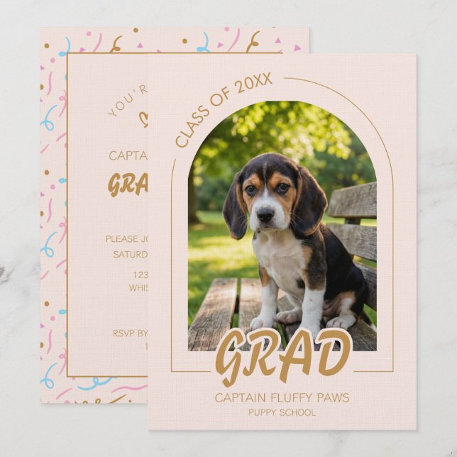 Convite Puppy Graduation Blush Pink Gold Modern Photos (Frente/Verso)