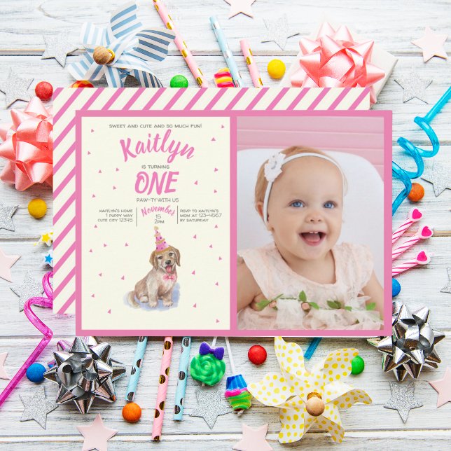 Convite Puppy 🐶 Labrador Rosa Primeiro Aniversário Foto (Puppy 🐶 Labrador Pink First Birthday Photo Invitation)