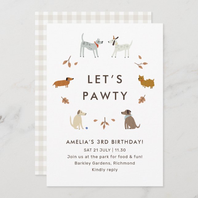Convite Puppy Pawty Dog Park Cute Modern Birthday Convide (Frente/Verso)