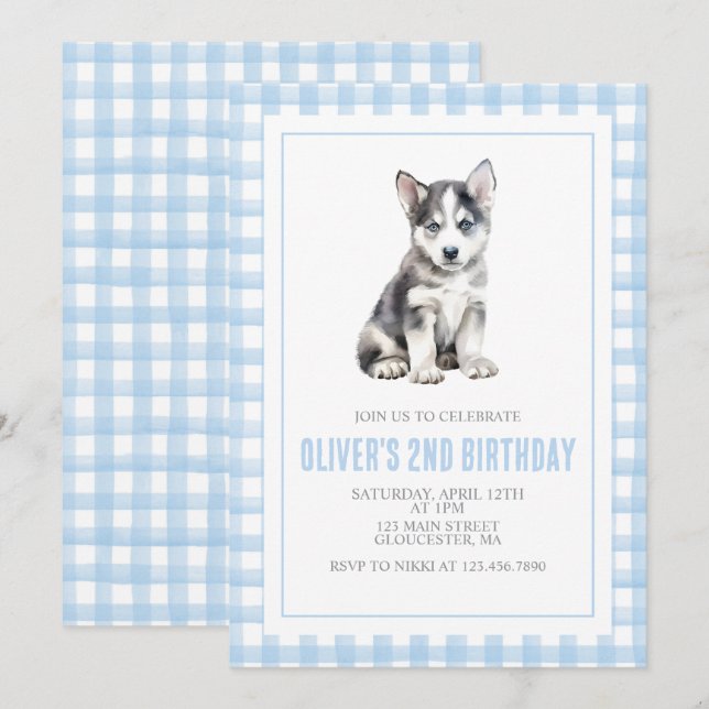 Convite Puppy preppy plaid birthday (Frente/Verso)