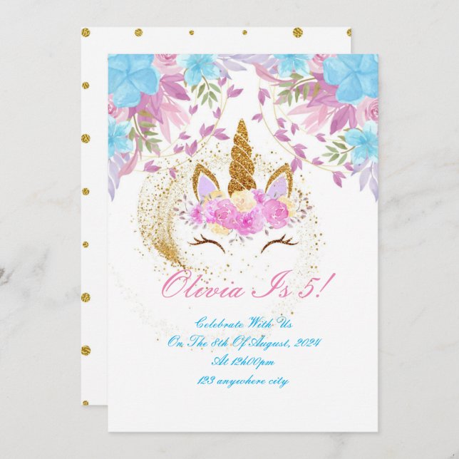 CONVITE PÚPULO DOURADO DE PINCO DE ANIVERSÁRIO UNICORN (Frente/Verso)