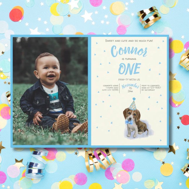 Convite Pura 🐶 Bicho de Caça Primeiro Aniversário (Pure Puppy 🐶 Basset Hound First Birthday Boy Invitation)