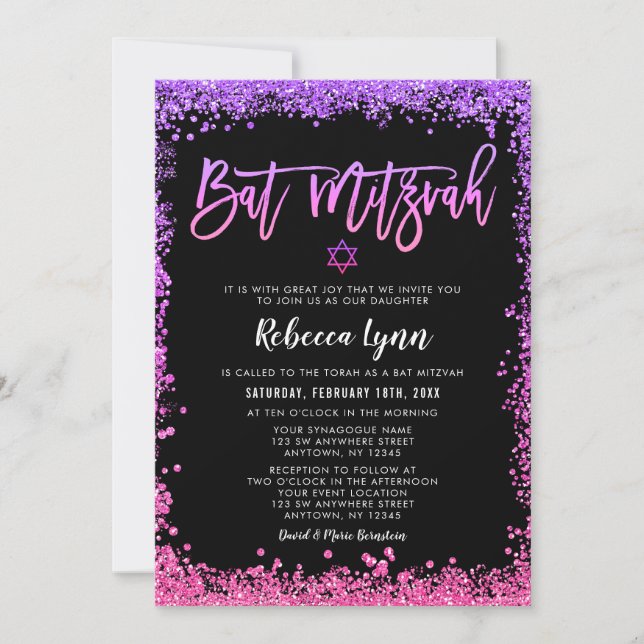 Convite Puro Rosa Faux Glitter Bat Mitzvah (Frente)