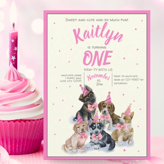 Convite Puro 🐶 Suas Meninas Tinhas Rosa Festa de aniversá (Pure Puppy | Themed Girls Pink Birthday Party Invitation)