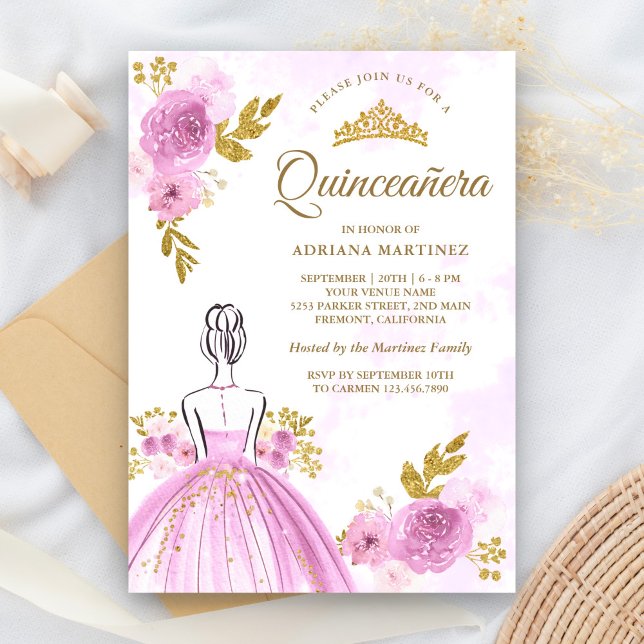 Convite Puro Vestido Floral Princesa Dourada Quinceanera (Criador carregado)