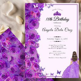 Convite Purple 18th Birthday Roses and Dress Debut