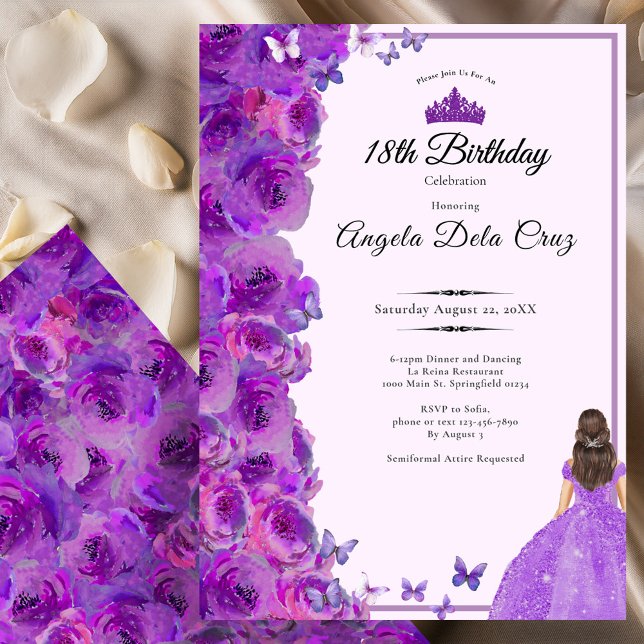 Convite Purple 18th Birthday Roses and Dress Debut (Criador carregado)