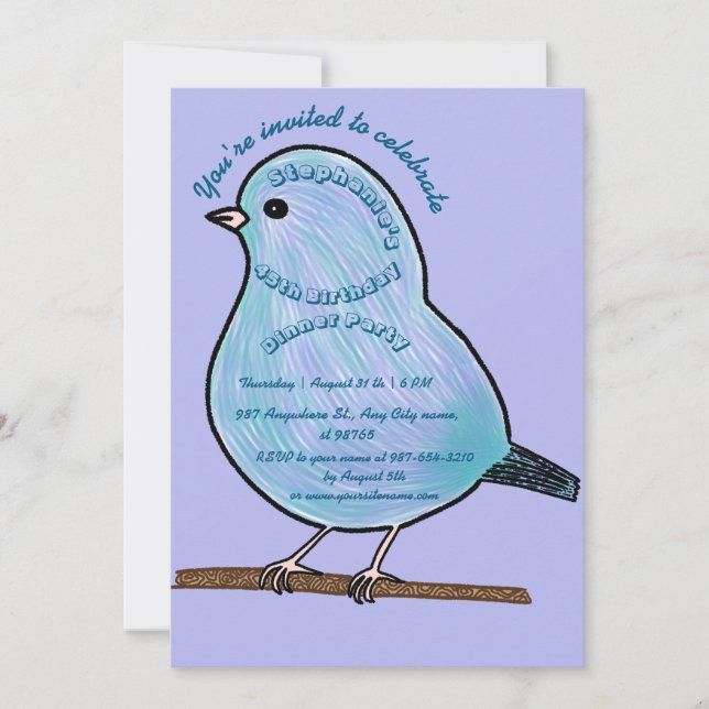 Convite Purple 45th Birthday Cute Bird Dinner Party  (Frente)