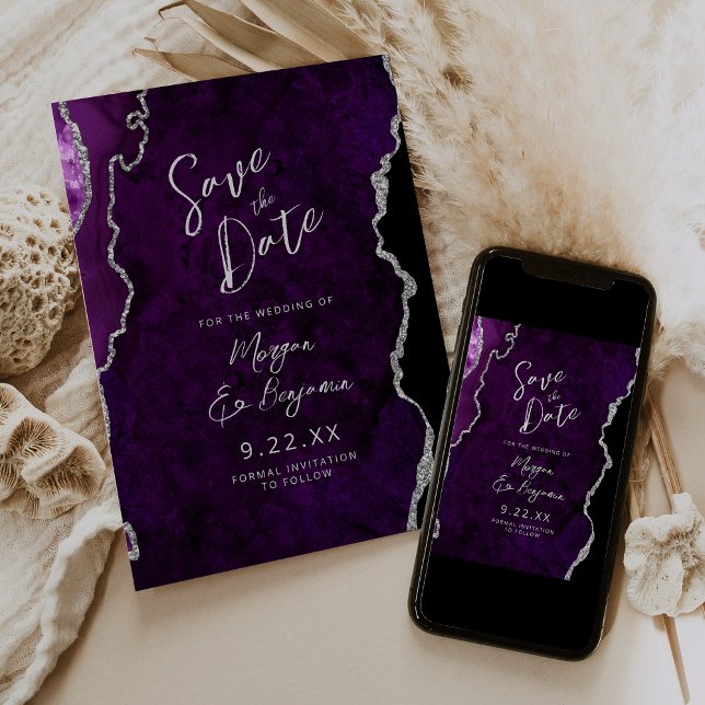 Convite Purple Agate Silver Script Wedding Save the Date (Criador carregado)